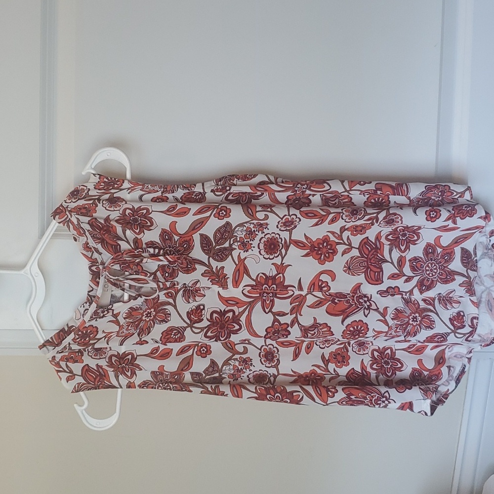 Floral Ruffle Tie Neck Mixed Media Shell